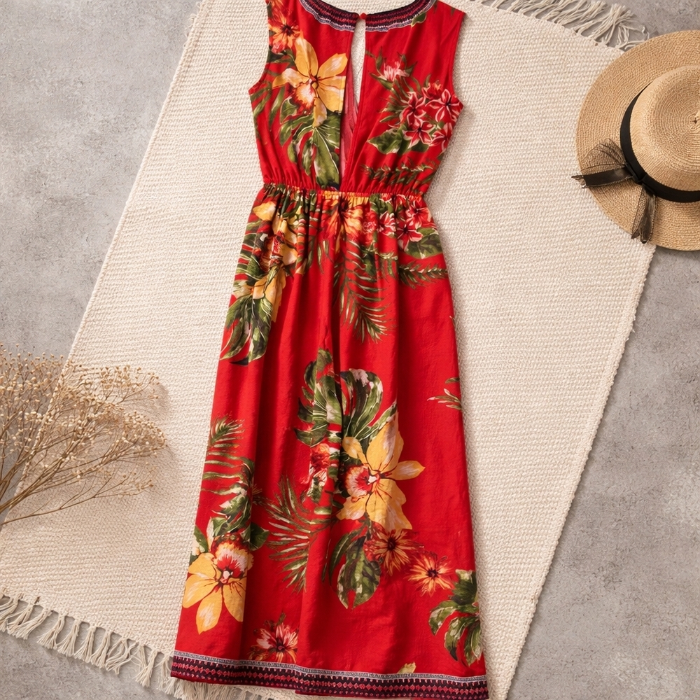Flying Tomato Red Tropical Floral Wide Leg Jumpsuit Hibiscus Print Size XS - Picture 4 of 16